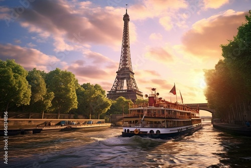 A boat sails by the iconic Eiffel Tower as it cruises down the river. Generative AI © Ava