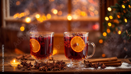Beautiful glasses with mulled wine, cinnamon, star anise