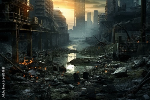 A post-apocalyptic cityscape marred by devastation, ruins, decay, and desperation. Generative AI
