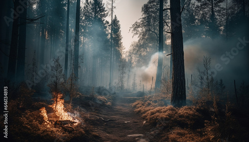 Glowing inferno damages forest, burning pine trees in spooky landscape generated by AI