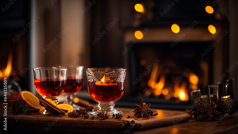 Beautiful glasses with mulled wine, cinnamon, star anise