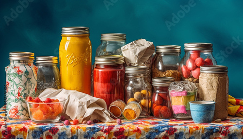 Vibrant multi colored fruit collection in homemade glass jar decoration generated by AI
