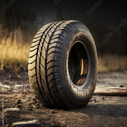 A cart tyre on wasteland. 