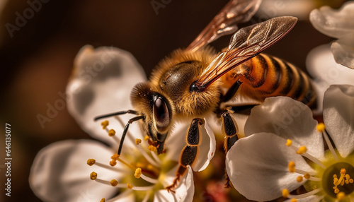 Busy honey bee working on a single flower in nature generated by AI