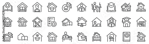 Set of 30 outline icons related to homeschooling, online education, remotely studying. Linear icon collection. Editable stroke. Vector illustration