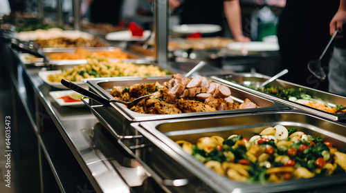 Fototapeta Naklejka Na Ścianę i Meble -  Catering-buffet, dishes with meat and colorful vegetables on the table.
