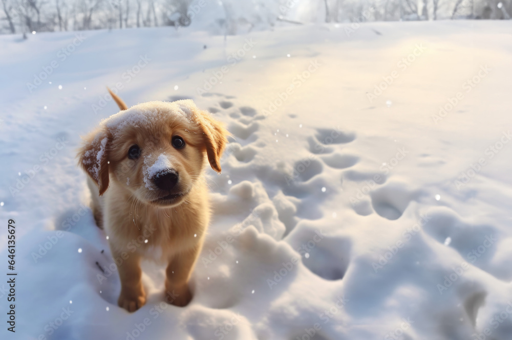Cut puppy in the snow with copy space created with Generative AI technology
