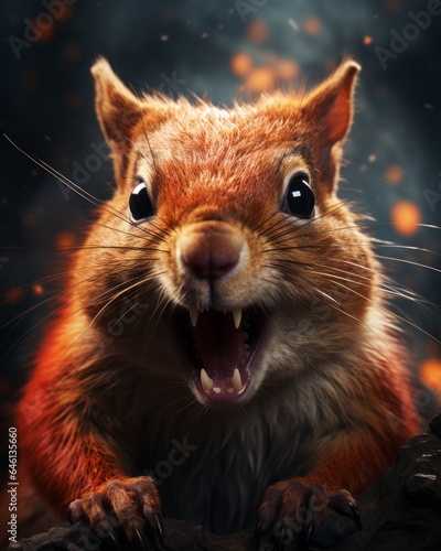 An aggressive squirrel in a rare display of ferocity, with its mouth wide open revealing sharp fangs and teeth. The image captures the unexpected, scary side of this common rodent.