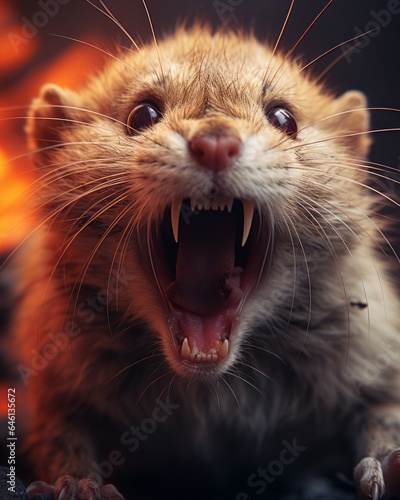An aggressive squirrel in a rare display of ferocity, with its mouth wide open revealing sharp fangs and teeth. The image captures the unexpected, scary side of this common rodent. photo