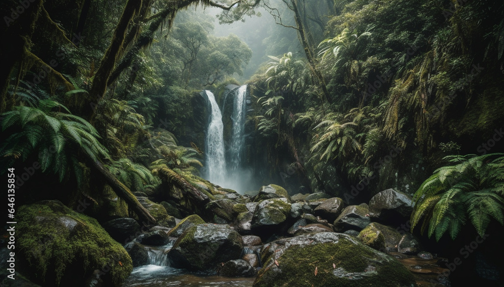 Tranquil scene of a tropical rainforest with flowing water and green foliage generated by AI Tranquil scene of a tropical rainforest with flowing water and green foliage generated by AI