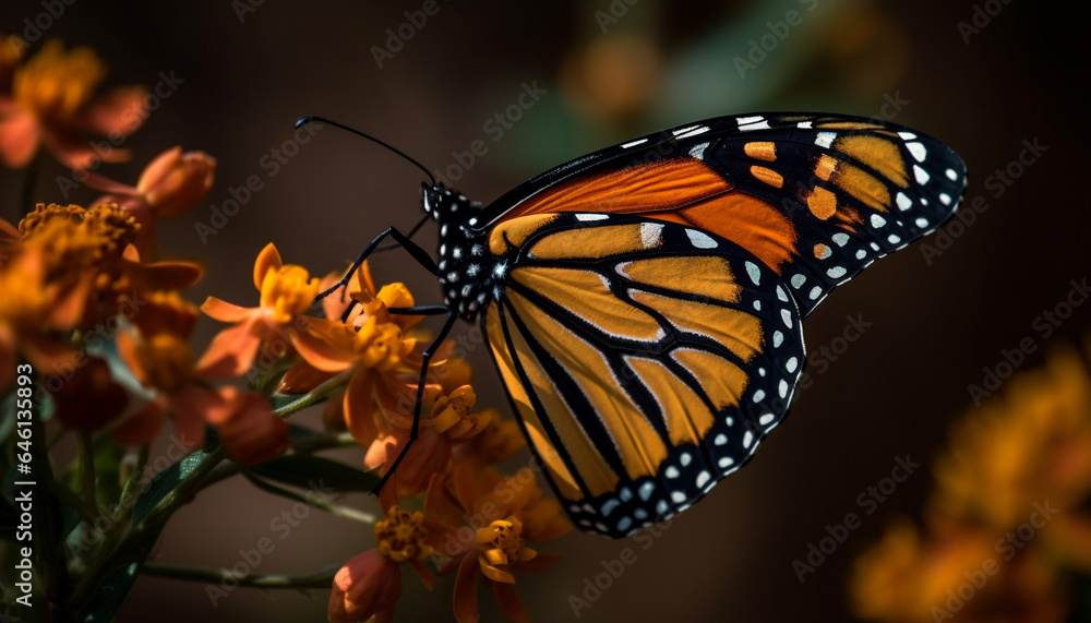 Fototapeta premium Vibrant monarch butterfly wing in close up, pollinating yellow flower generated by AI