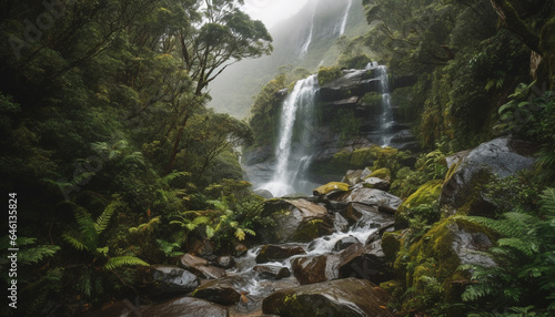 Tranquil scene of a tropical rainforest with flowing water and ferns generated by AI © Stockgiu