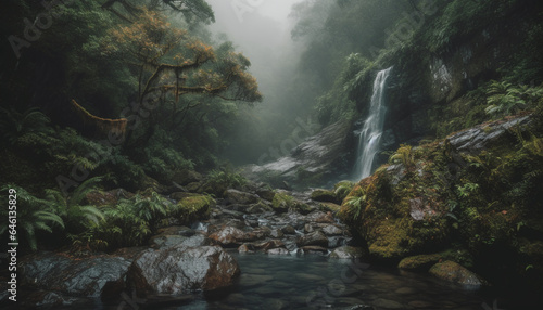 Tranquil scene of a wet autumn forest with flowing water generated by AI