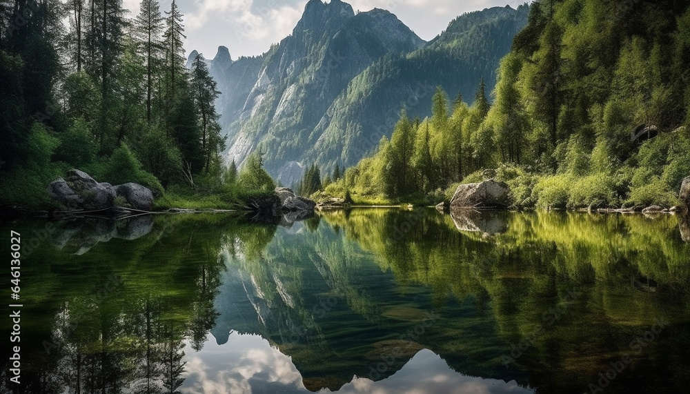 Idyllic mountain meadow reflects majestic peak in tranquil Asturias generated by AI