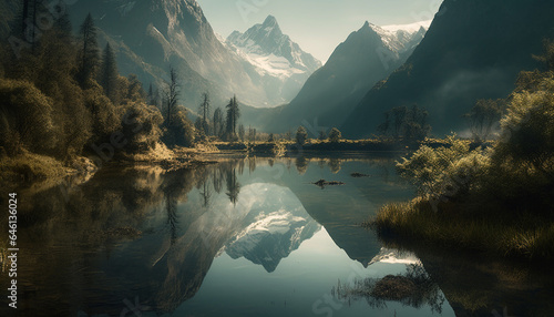 Majestic mountain peak reflects in tranquil pond, surrounded by forest generated by AI
