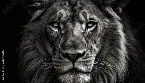 Majestic lion staring at camera, showcasing strength and beauty generated by AI © Stockgiu