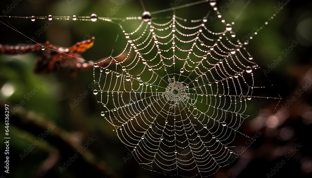 Spooky spider web traps dew drops in autumn forest background generated by AI