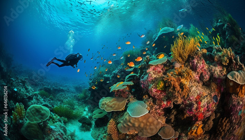 Swimming with multi colored sea life in tropical reef below water generated by AI © Stockgiu