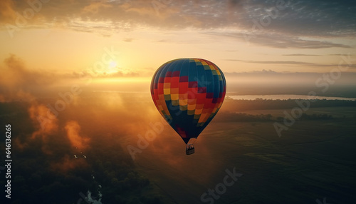 Multi colored hot air balloon soars high in the sunset sky generated by AI