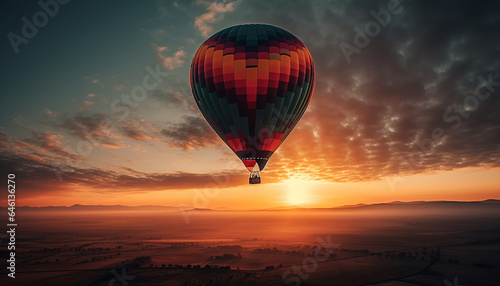 Hot air balloon flying at sunset, an adventure in nature generated by AI © Stockgiu