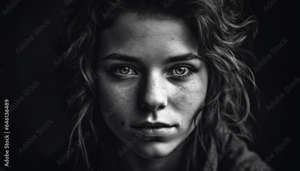 Beautiful young woman exudes elegance and confidence in monochrome portrait generated by AI Beautiful young woman exudes elegance and confidence in monochrome portrait generated by AI