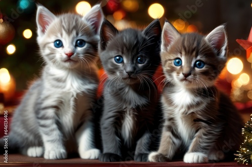 Christmas cats as gift for children. Portrait of group of kittens sitting on the table on the background of a Christmas tree and lights of garlands. Happy new year concept