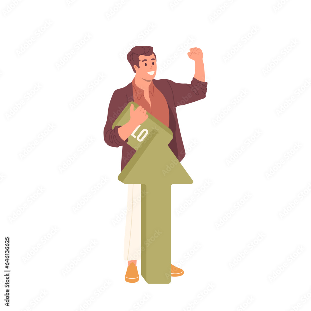 Happy trader or investor male broker cartoon character celebrating success return of investment