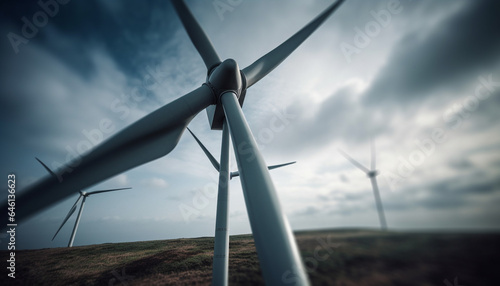 Wind turbines spinning in a row, powering sustainable industry generated by AI