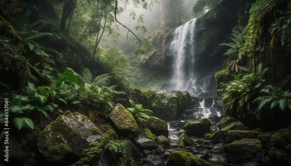 Tranquil scene of tropical rainforest with flowing water and ferns generated by AI