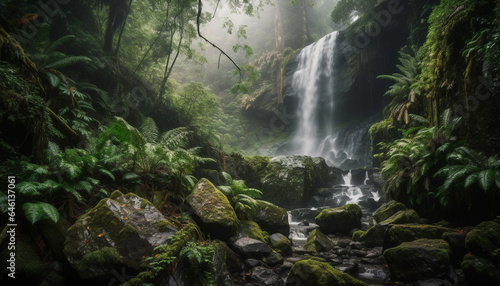 Tranquil scene of tropical rainforest with flowing water and ferns generated by AI