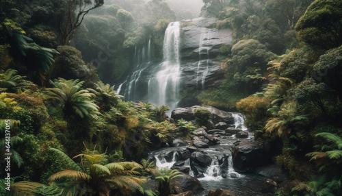 Tropical rainforest beauty in nature flowing water, green foliage, tranquil scene generated by AI