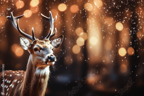 Brown deer on winter background with snow and golden bokeh light. Magic Christmas and New Year season