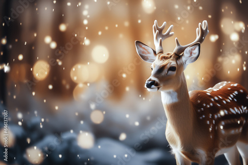 Brow deer on winter background with flying snow and golden bokeh light. Magic Christmas and New Year season