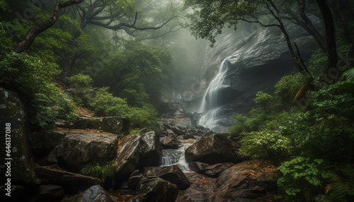 Tranquil scene of a tropical rainforest with flowing water and ferns generated by AI © Stockgiu