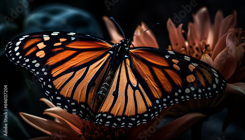 Vibrant monarch butterfly spotted flying, pollinating single flower majestically generated by AI