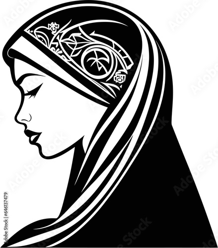 This captivating vector illustration celebrates the beauty and diversity of Muslim culture with a focus on the traditional hijab. In this artwork, the intricate details of a woman wearing a hijab are 
