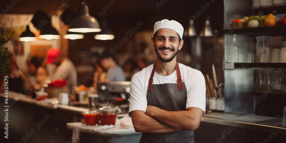 Man restaurant chef standing in front of a counter in an open kitchen restaurant Man restaurant chef standing in front of a counter in an open kitchen restaurant
