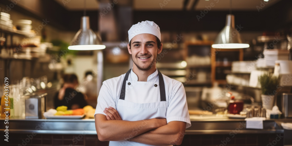 Man restaurant chef standing in front of a counter in an open kitchen restaurant