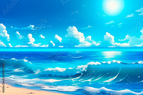 Beautiful vibrant sea under blue sky in anime style