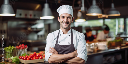Fototapeta Naklejka Na Ścianę i Meble -  Man restaurant chef standing in front of a counter in an open kitchen restaurant