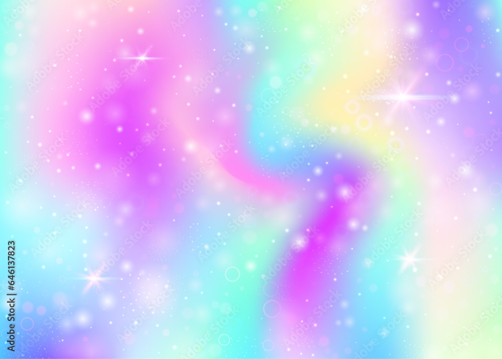Fototapeta premium Hologram background with rainbow mesh. Trendy universe banner in princess colors. Fantasy gradient backdrop. Hologram magic background with fairy sparkles, stars and blurs.