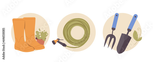 Isolated set of round icon composition with garden tools, planting item and gardener clothing wear