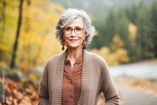 Portrait in the forest of a pleased 70 years old woman. Joyful woman in an  outdoor fall scenery having fun at the autumn season. 