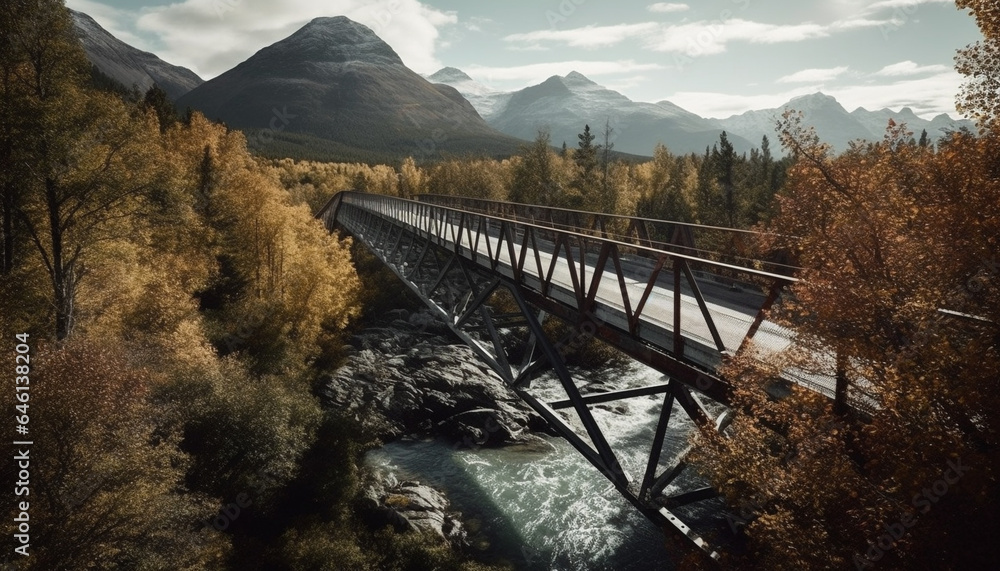 Fototapeta premium Tranquil scene of majestic mountain range in autumn landscape generated by AI