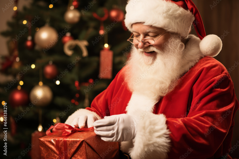 Santa Claus leaves presents under the christmas tree inside a house with fireplace Santa Claus leaves presents under the christmas tree inside a house with fireplace
