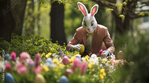 Man costumed in easter bunny hiding eggs in a garden