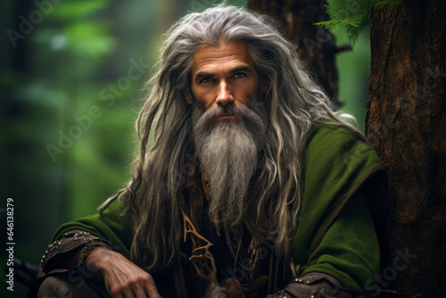 Man druid healer portrait in forest next to a tree