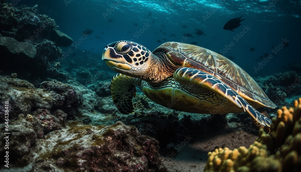 Green hawksbill turtle swims in tranquil underwater reef landscape generated by AI Green hawksbill turtle swims in tranquil underwater reef landscape generated by AI