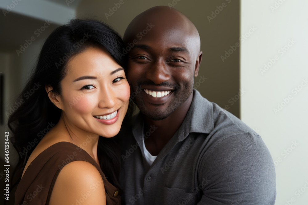 Portrait of a happy mixed couple with a black african man and asian chinese woman - obrazy, fototapety, plakaty 