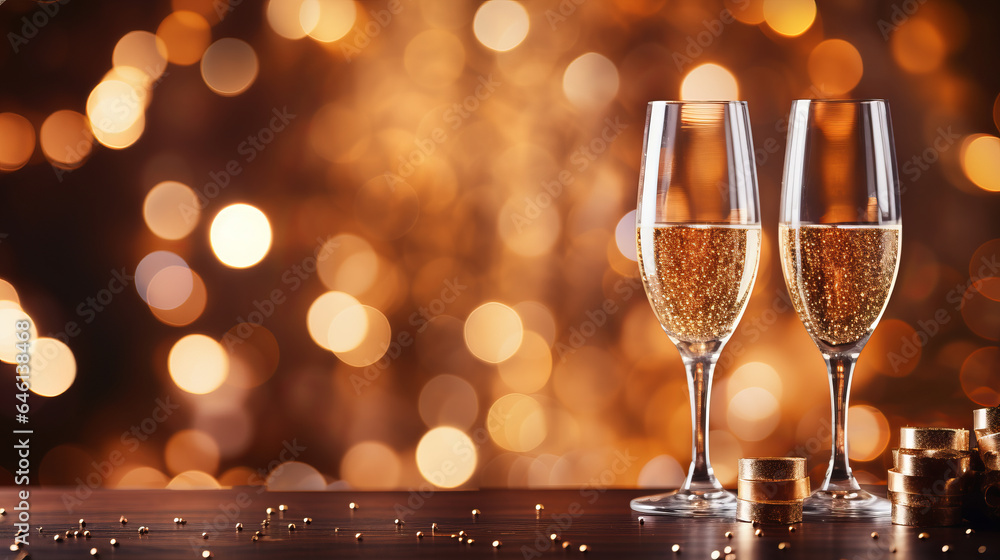 Two glasses of champagne on a festive background with bokeh and golden colors , new year eve diner backdrop concept with copy space Two glasses of champagne on a festive background with bokeh and golden colors , new year eve diner backdrop concept with copy space